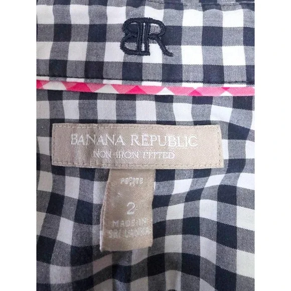 Banana Republic Non Iron‎ Fitted Gingham Button Down Shirt Petite 2 Navy White - Picture 5 of 6